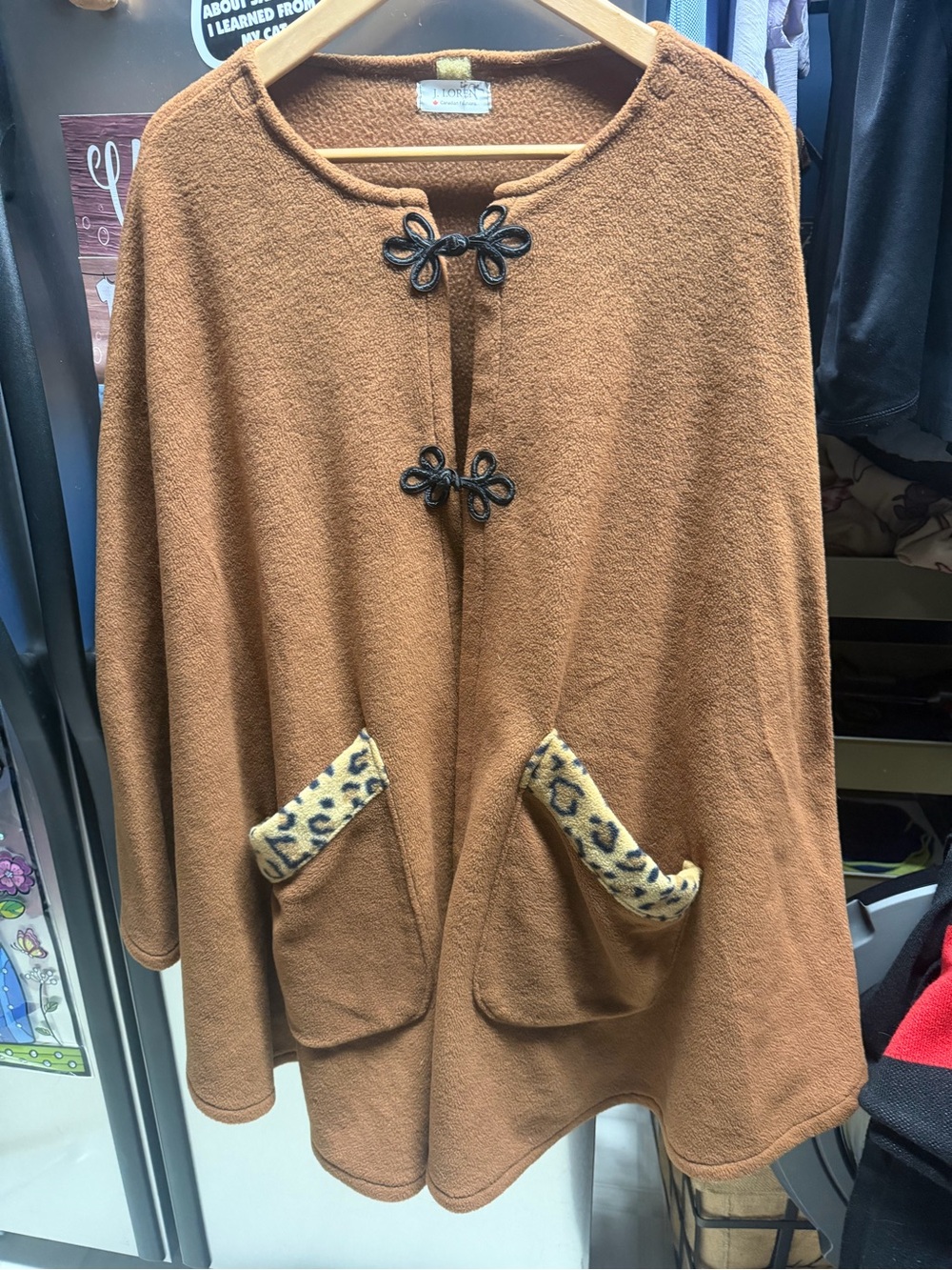 Womenโs Tan Fleece Poncho with Leopard Trim
